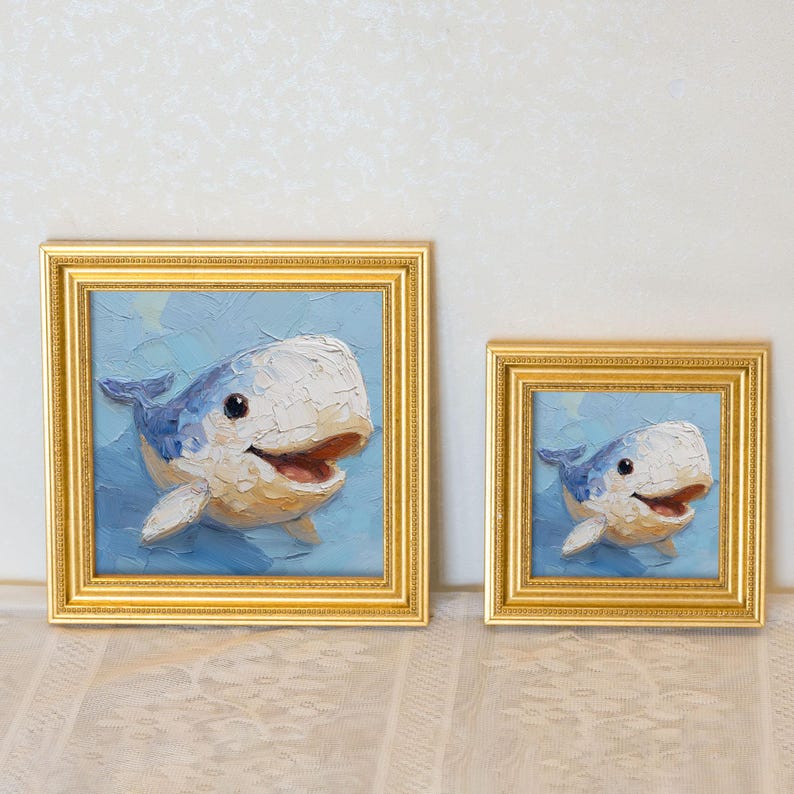 Mini Whale Oil Painting: Golden Beaded Frame, Ocean Animal Wall Art