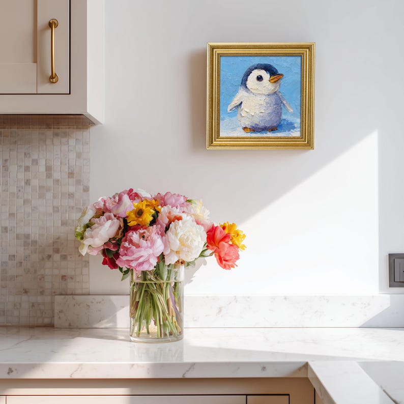Mini Penguin Oil Painting: Hand-Painted Winter Art in Golden Frame