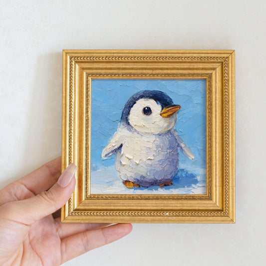 Mini Penguin Oil Painting: Hand-Painted Winter Art in Golden Frame