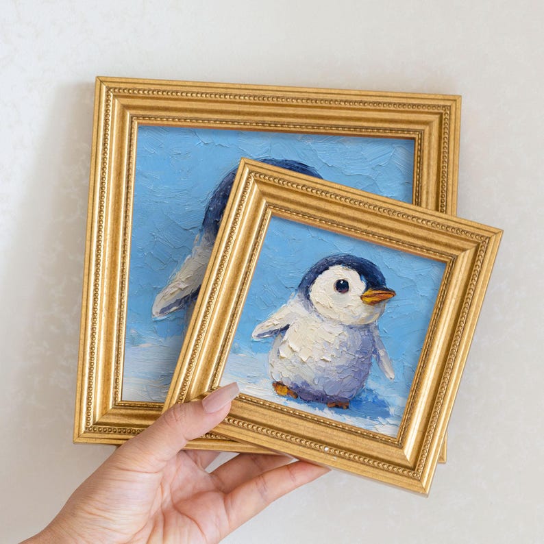 Mini Penguin Oil Painting: Hand-Painted Winter Art in Golden Frame