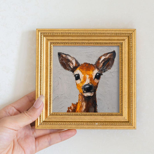 Mini Deer Oil Painting: Golden Beaded Frame, Hand-Painted Fawn Portrait