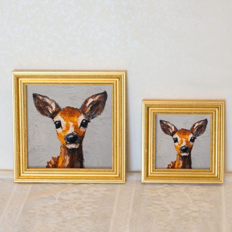 Mini Deer Oil Painting: Golden Beaded Frame, Hand-Painted Fawn Portrait