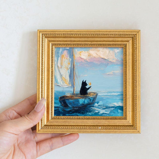 Mini Drunk Cat Oil Painting in Golden Beaded Frame: Whimsical Living Room Decor