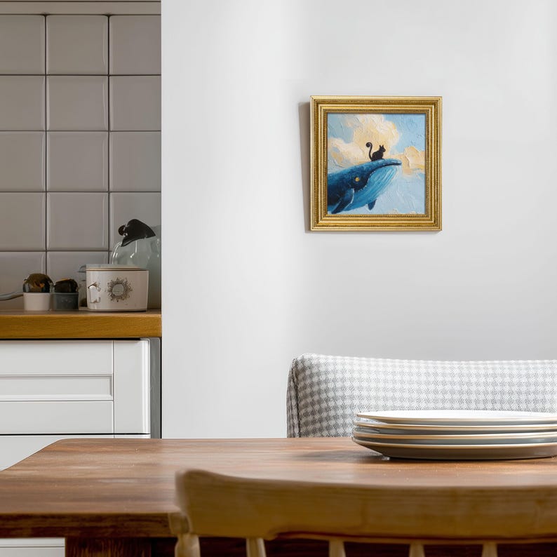 Mini Whale and Cat Oil Painting: Brave Kitty Portrait in Golden Frame