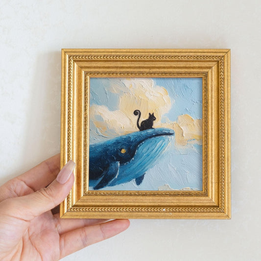 Mini Whale and Cat Oil Painting: Brave Kitty Portrait in Golden Frame