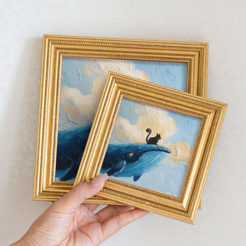 Mini Whale and Cat Oil Painting: Brave Kitty Portrait in Golden Frame