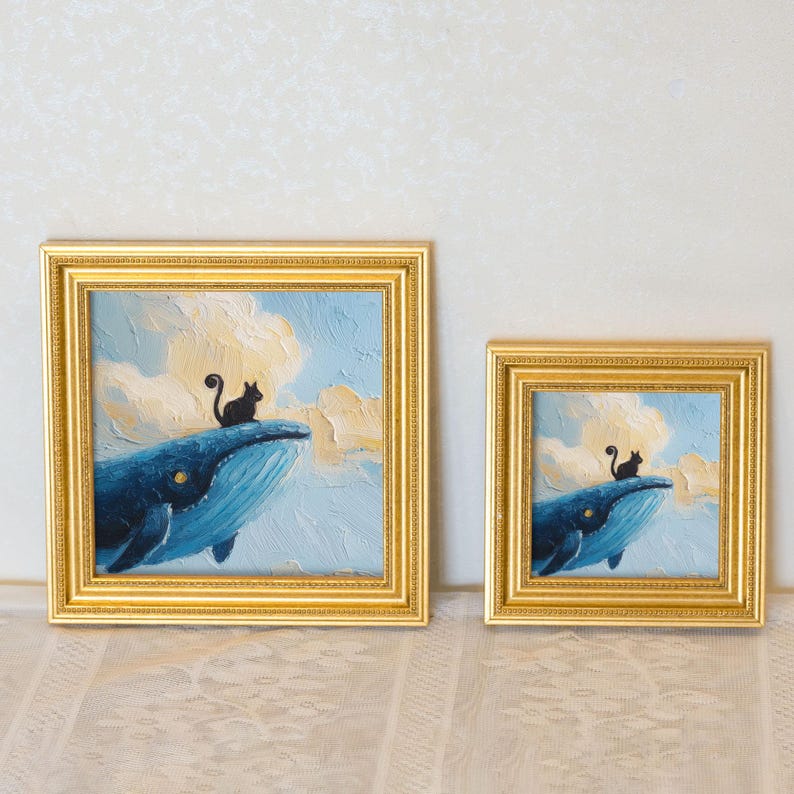 Mini Whale and Cat Oil Painting: Brave Kitty Portrait in Golden Frame