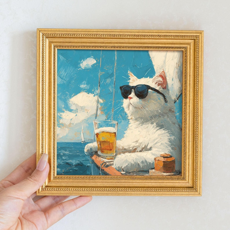 Mini Cool Kitty Oil Painting-Relaxed Cat Portrait In Golden Beaded Frame-Hand-Painted Living Room Decor-Gift For Cat Lover and Pet Lover
