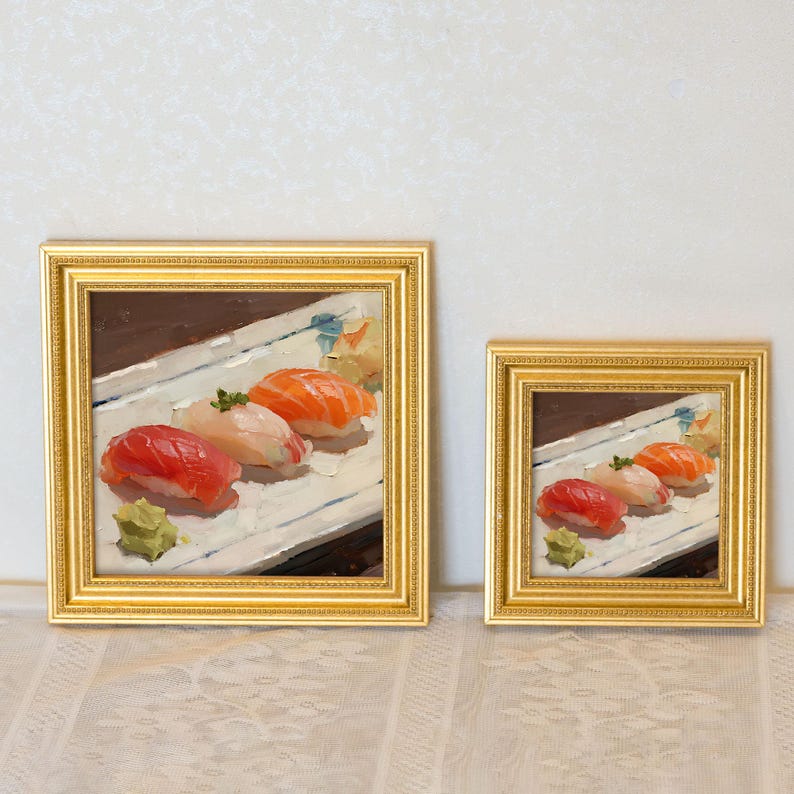 Mini Sushi Plate Oil Painting: Gourmet Kitchen Art, Gold Frame
