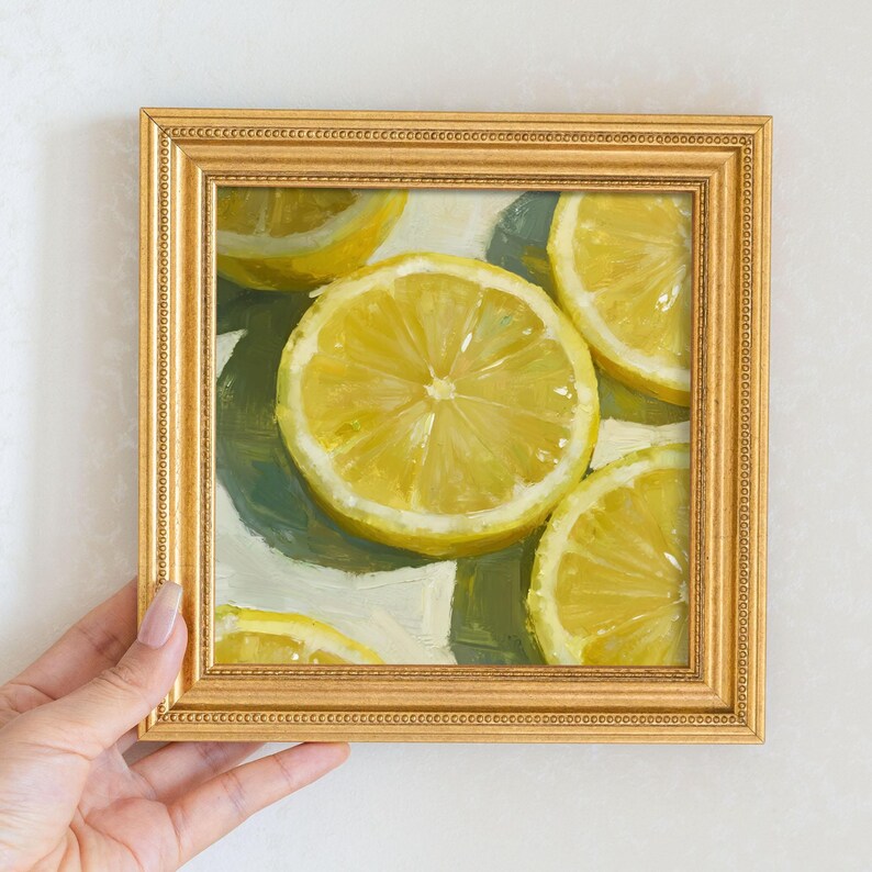 Mini Lemon Sliced Oil Painting-Still Life Fruit Artwork in Golden Beaded Frame-Hand-Painted Rustic Kitchen Wall Decor-Gift for Him or Her