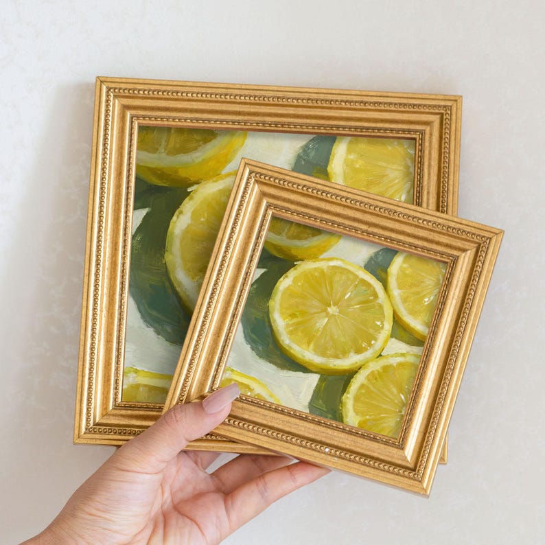 Mini Lemon Sliced Oil Painting-Still Life Fruit Artwork in Golden Beaded Frame-Hand-Painted Rustic Kitchen Wall Decor-Gift for Him or Her