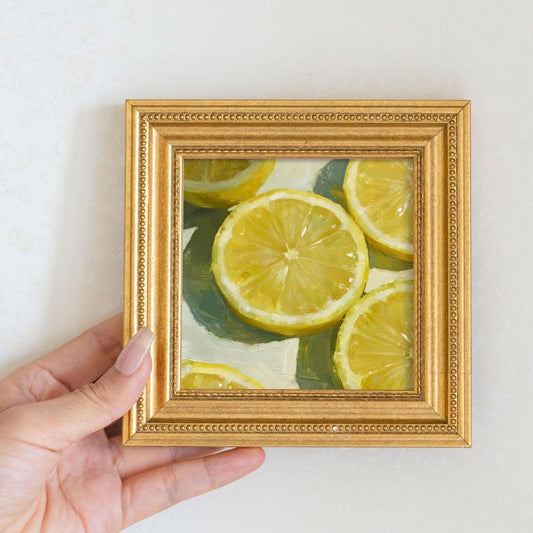 Mini Lemon Sliced Oil Painting-Still Life Fruit Artwork in Golden Beaded Frame-Hand-Painted Rustic Kitchen Wall Decor-Gift for Him or Her