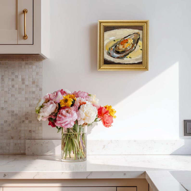 Mussel Oil Painting: Mini Seafood Still Life, Kitchen Wall Art