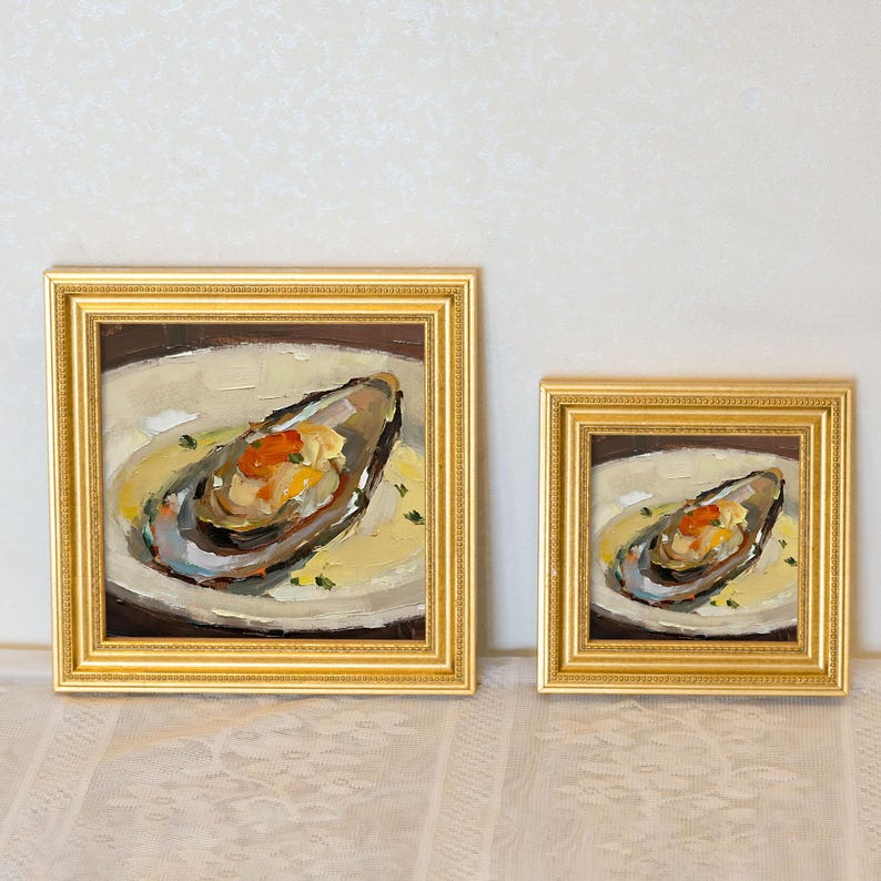 Mussel Oil Painting: Mini Seafood Still Life, Kitchen Wall Art