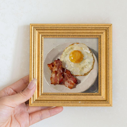 Mini Bacon and Egg Oil Painting: Handmade Kitchen Still Life Art