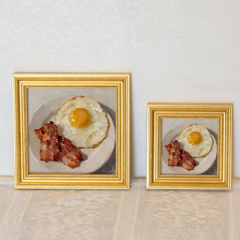 Mini Bacon and Egg Oil Painting: Handmade Kitchen Still Life Art