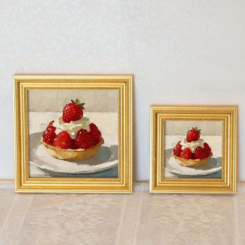 Mini Strawberry Tart Oil Painting-Still Life Dessert Wall Art-Original Painting-Kitchen and Living Room Wall Decor-Gift For Wall Art Lover