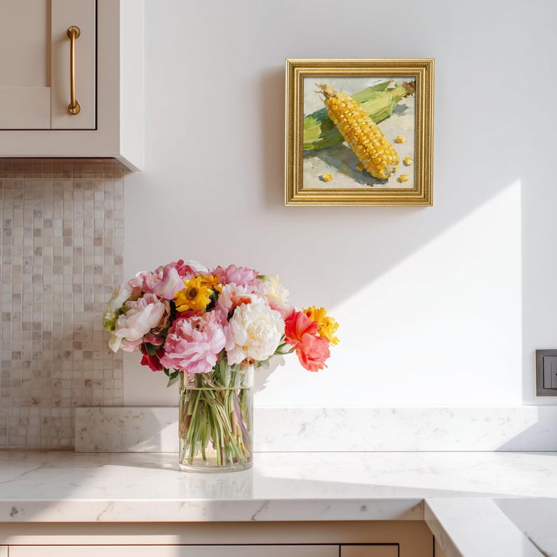Miniature Corn Oil Painting: Fresh Vegetable Still Life, Kitchen Wall Art