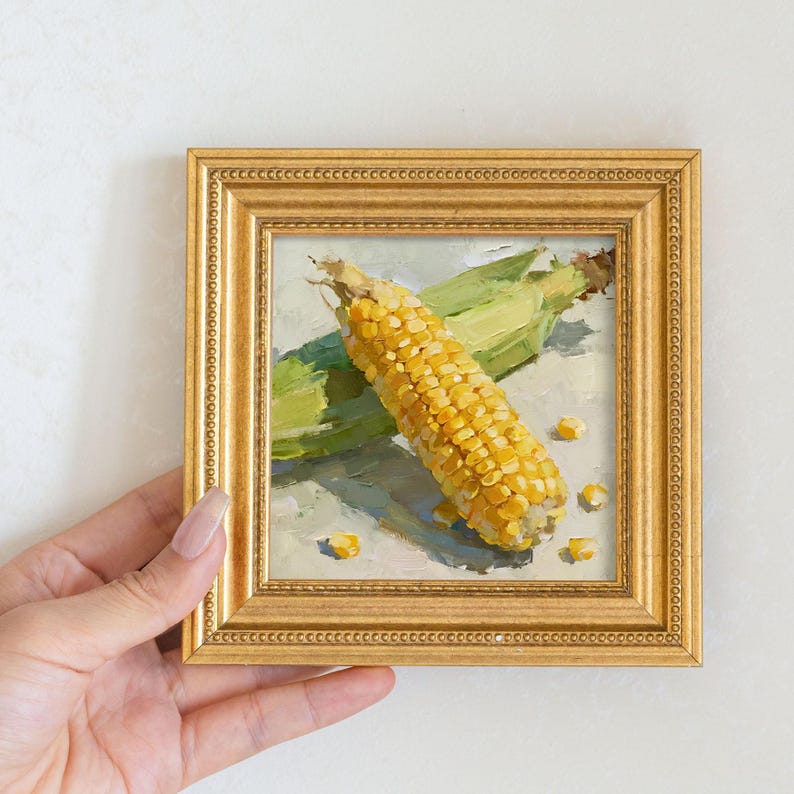 Miniature Corn Oil Painting: Fresh Vegetable Still Life, Kitchen Wall Art
