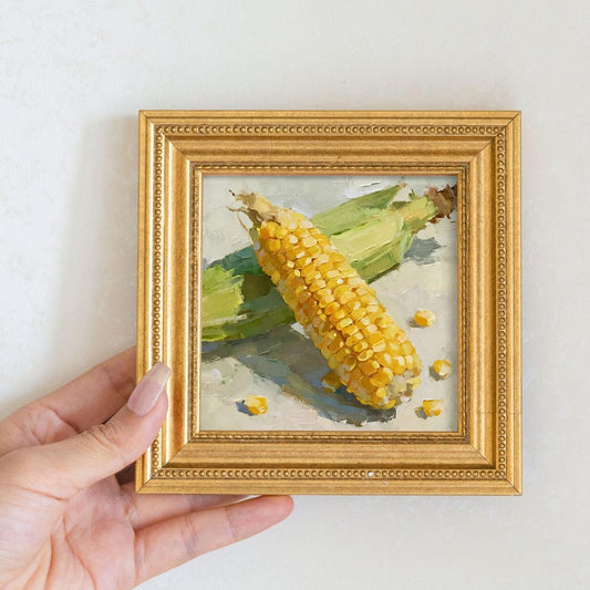 Miniature Corn Oil Painting: Fresh Vegetable Still Life, Kitchen Wall Art