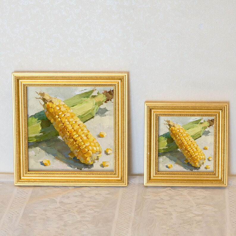 Miniature Corn Oil Painting: Fresh Vegetable Still Life, Kitchen Wall Art