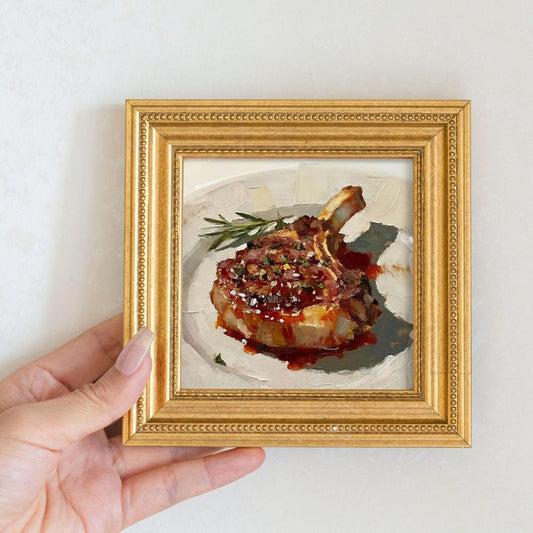 Still Life Steak Oil Painting: Dining Room Wall Art Decor 5x5 Artwork Gift