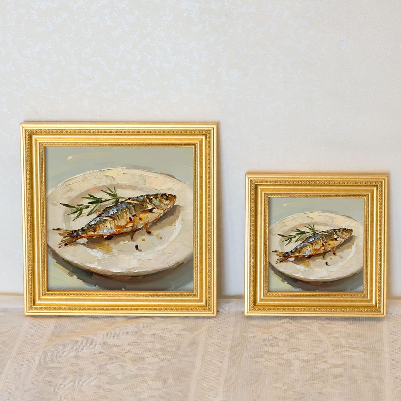 Still Life Sardine Oil Painting: Kitchen Wall Art Decor, 5x5 Canvas Artwork Gift