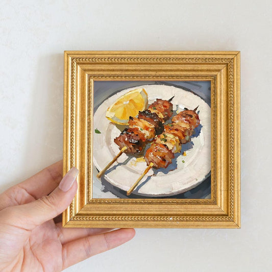Still Life Skewers Oil Painting: Dining Room Wall Art Decor, 5x5 Canvas Artwork