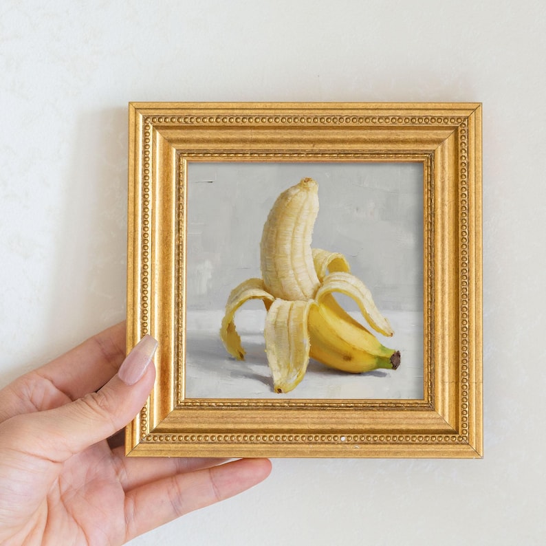 Still Life Banana Oil Painting: Kitchen Wall Art Decor, 5X5 Canvas Artwork Gift