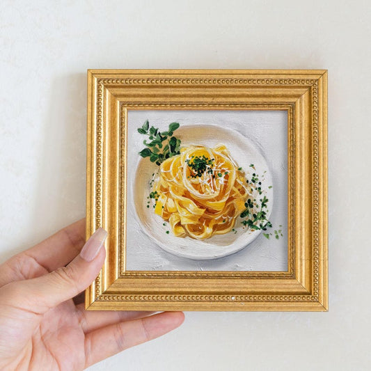 Mini Oil Painting of Farfalle Pasta in Gold Frame, Realistic Dining Art for Italian Kitchen & Cafe Decor, Still Life Art Gift for Him or Her