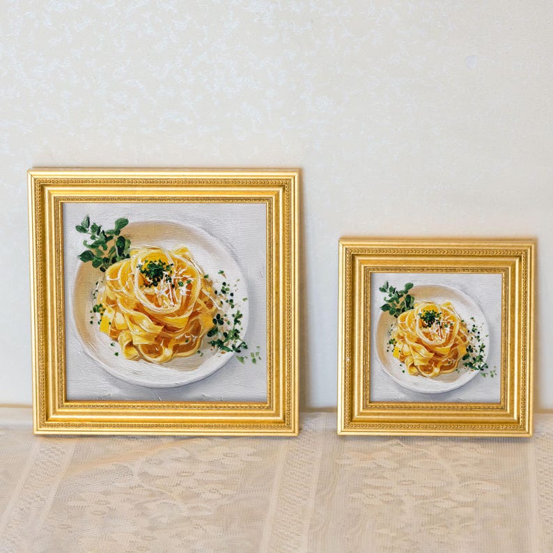 Mini Oil Painting of Farfalle Pasta in Gold Frame, Realistic Dining Art for Italian Kitchen & Cafe Decor, Still Life Art Gift for Him or Her