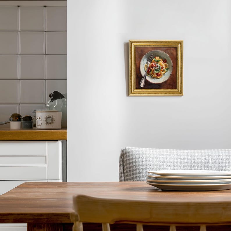Mini Oil Painting of Farfalle Pasta in Gold Frame, Realistic Dining Art for Italian Kitchen & Cafe Decor, Still Life Art Gift for Him or Her