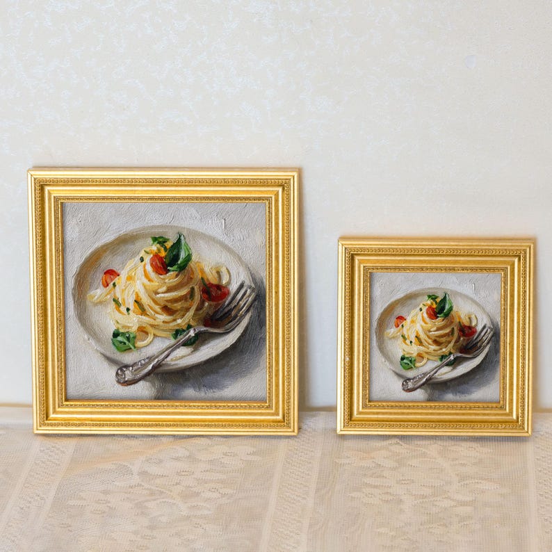 Mini Oil Painting of Farfalle Pasta in Gold Frame, Realistic Dining Art for Italian Kitchen & Cafe Decor, Still Life Art Gift for Him or Her