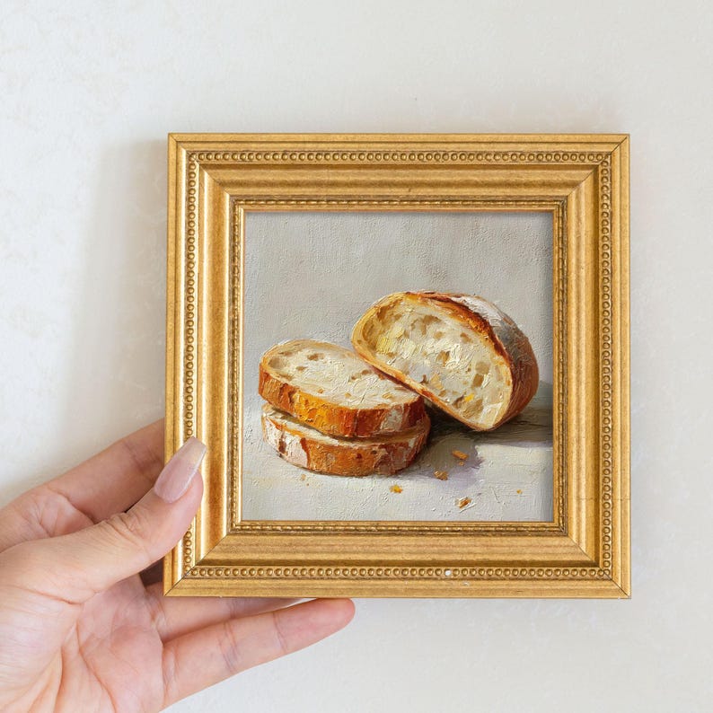 Mini Avocado Toast Oil Painting: Golden Framed Kitchen Decor