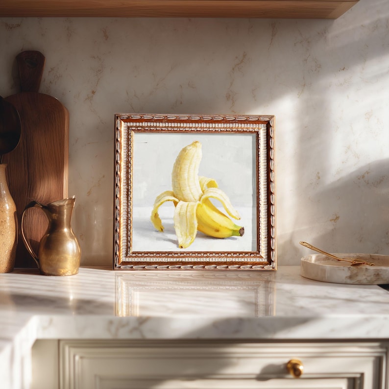 Still Life Banana Oil Painting: Kitchen Wall Art Decor, 5X5 Canvas Artwork Gift