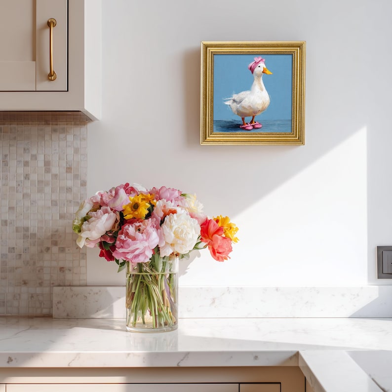 Mini Goose Oil Painting in Gold Frame: Hand-Painted Nursery Wall Art