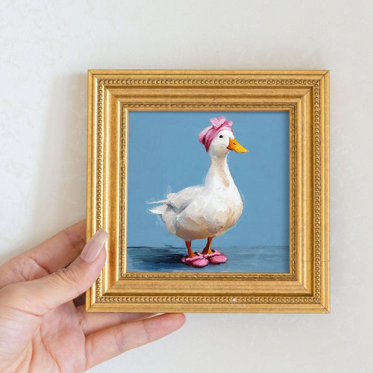 Mini Goose Oil Painting in Gold Frame: Hand-Painted Nursery Wall Art