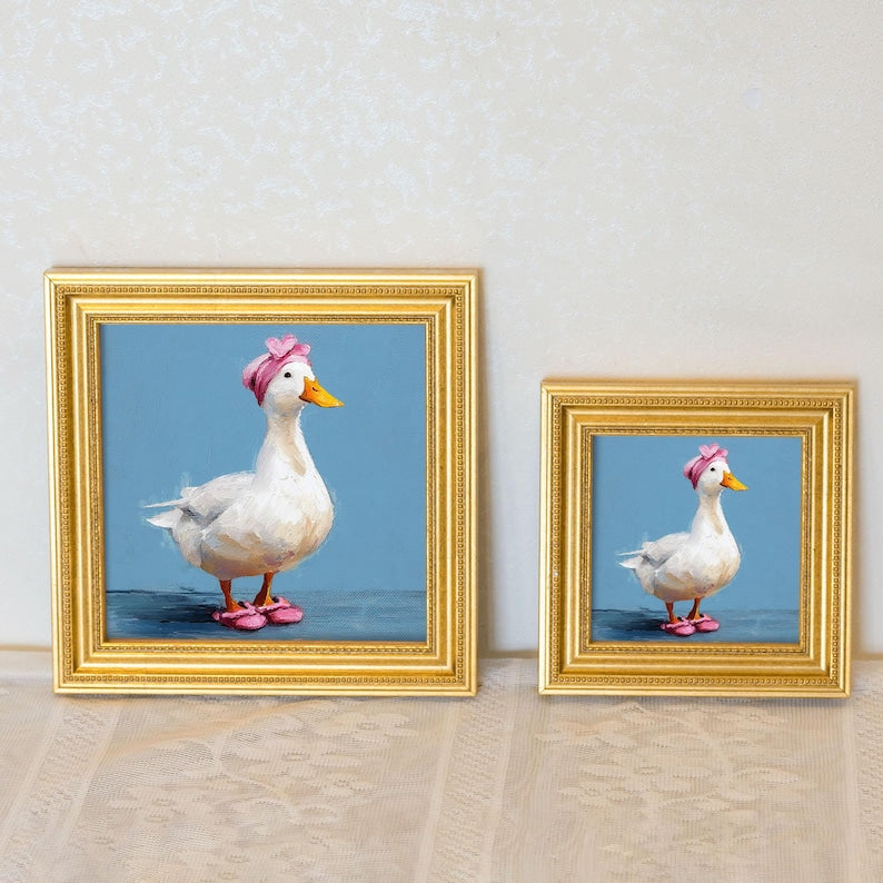 Mini Goose Oil Painting in Gold Frame: Hand-Painted Nursery Wall Art