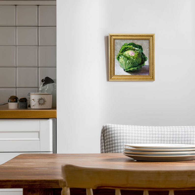 Mini Cabbage Oil Painting in Gold Frame: Rustic Kitchen Still Life