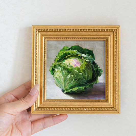 Mini Cabbage Oil Painting in Gold Frame: Rustic Kitchen Still Life