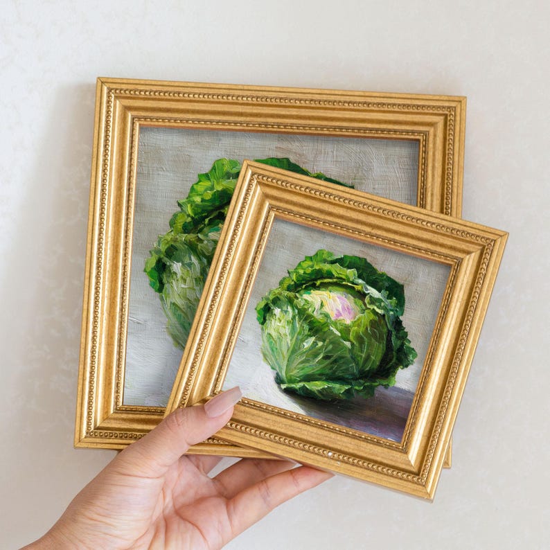 Mini Cabbage Oil Painting in Gold Frame: Rustic Kitchen Still Life