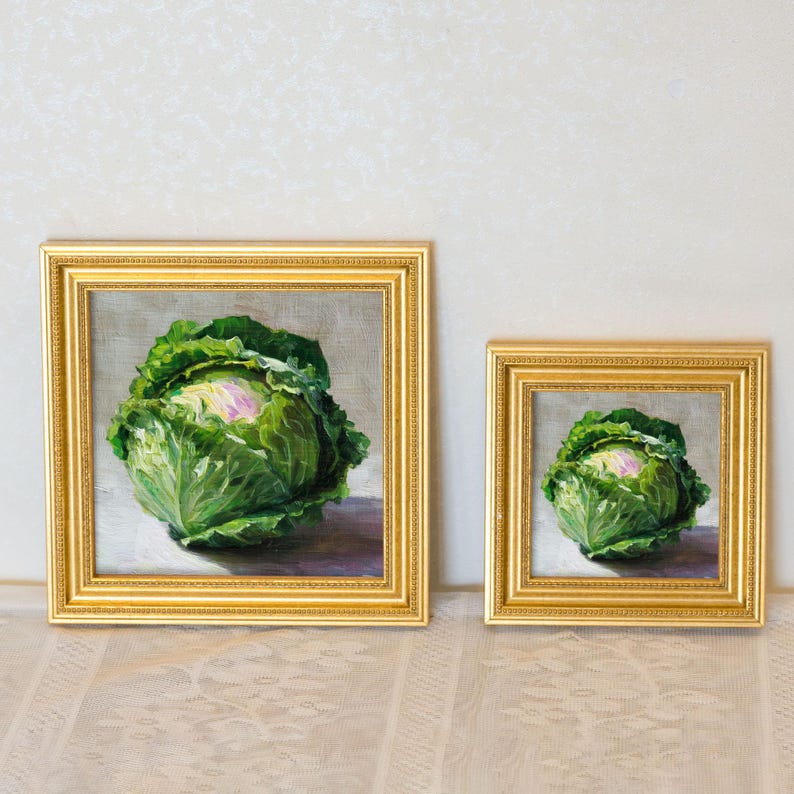Mini Cabbage Oil Painting in Gold Frame: Rustic Kitchen Still Life