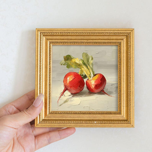 Mini Radish Oil Painting in Gold Frame: Rustic Kitchen Wall Art