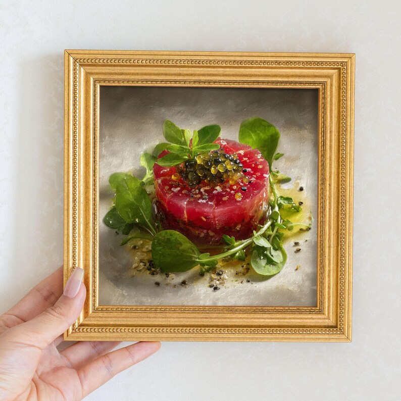 Mini Tuna Tartare Oil Painting in Gold Frame: Kitchen Still Life Art