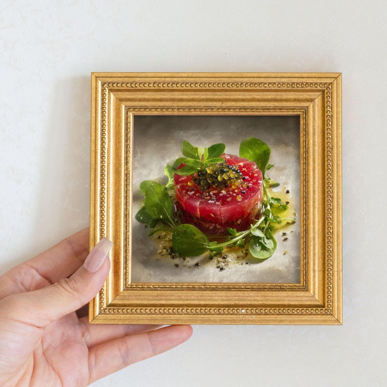 Mini Tuna Tartare Oil Painting in Gold Frame: Kitchen Still Life Art