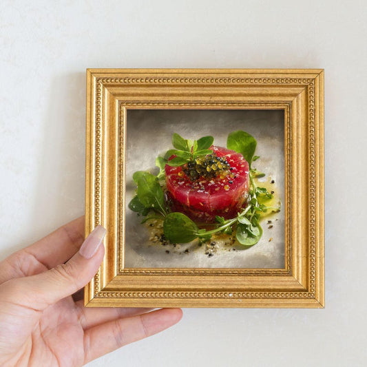 Mini Tuna Tartare Oil Painting in Gold Frame: Kitchen Still Life Art