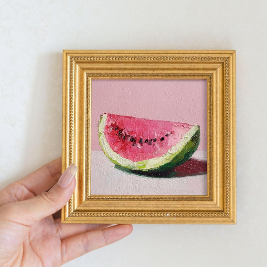 Mini Oil Painting of Watermelon Slice in Gold Frame, Small Fruit Wall Art for Kitchen Decor, Still Life Art Gift for Him or Her