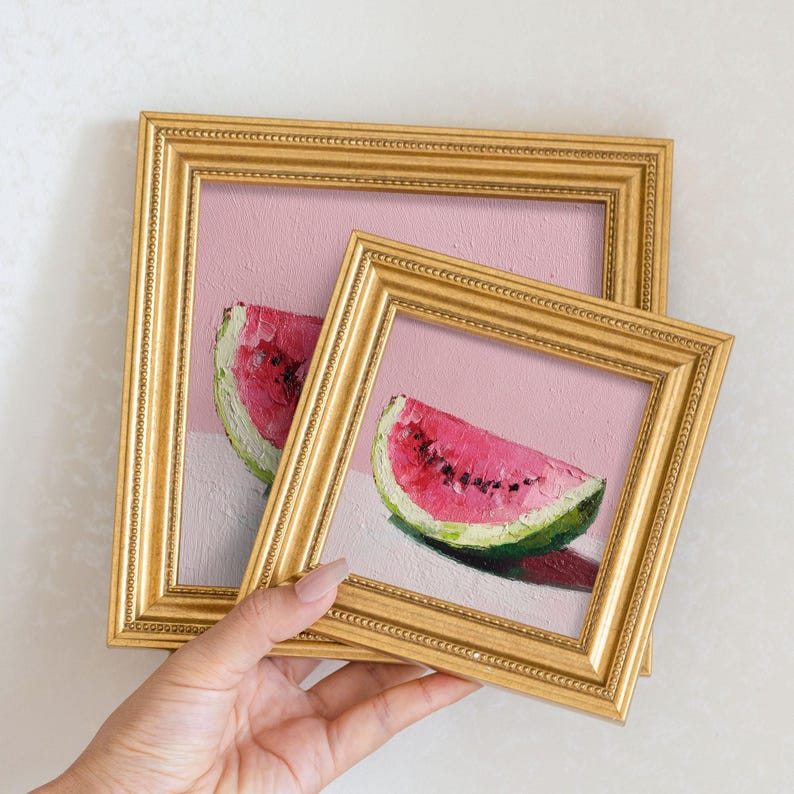 Mini Oil Painting of Watermelon Slice in Gold Frame, Small Fruit Wall Art for Kitchen Decor, Still Life Art Gift for Him or Her