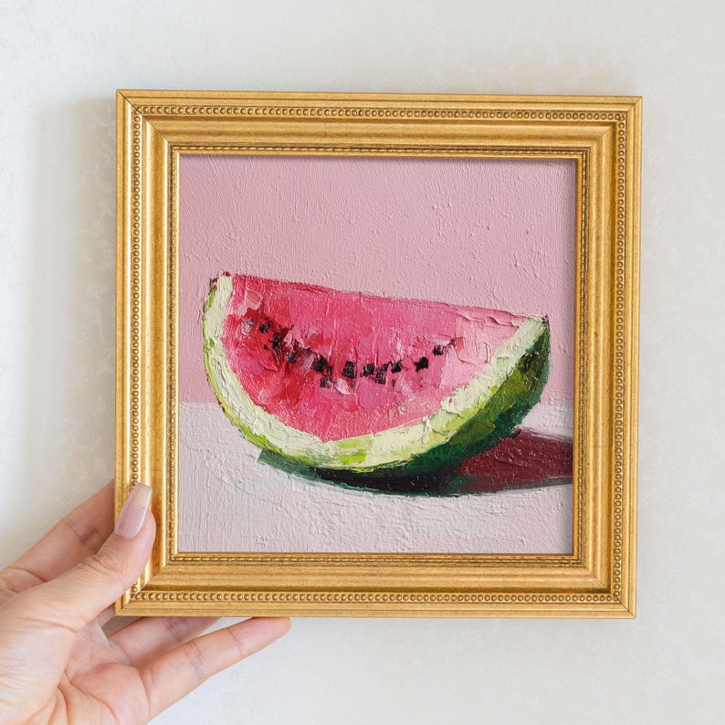 Mini Oil Painting of Watermelon Slice in Gold Frame, Small Fruit Wall Art for Kitchen Decor, Still Life Art Gift for Him or Her