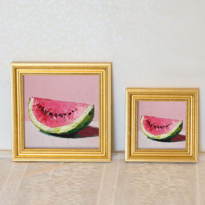 Mini Oil Painting of Watermelon Slice in Gold Frame, Small Fruit Wall Art for Kitchen Decor, Still Life Art Gift for Him or Her